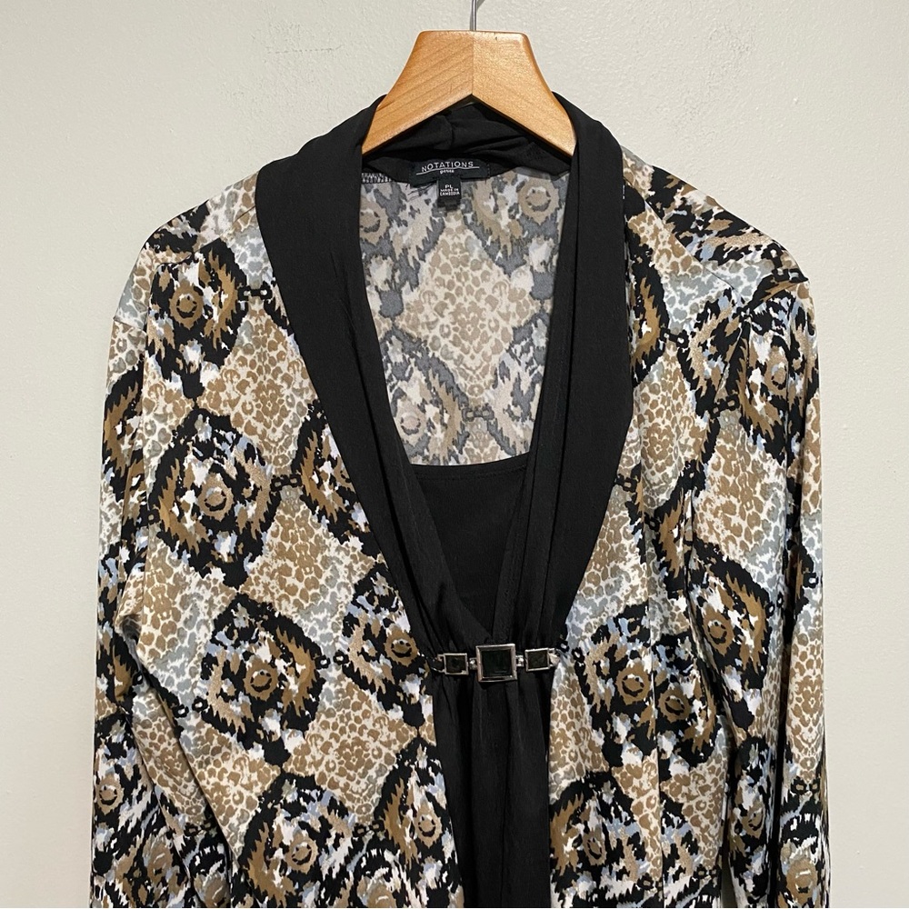 Notations Women's Black and Tan Patterned Long Sleeve Top Size PL‎ - Picture 2 of 13